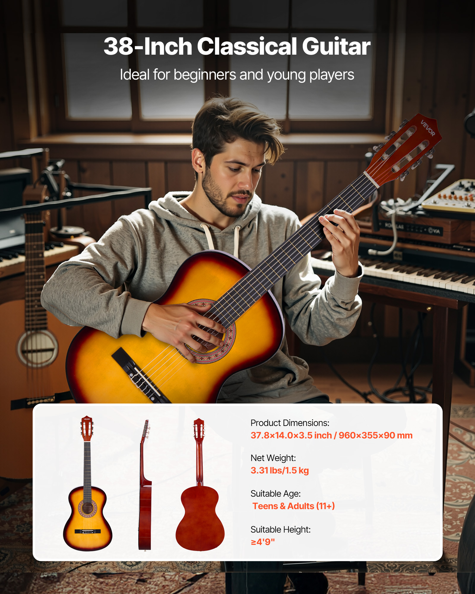 VEVOR 38in Classical Guitar,Wood Guitar Starter Kit for Beginners, with Nylon Strings, Gig Bag, Strap, Tuner, Extra String, Pick, Capo, Basswood,for Teenagers Adults Students, Sunburst