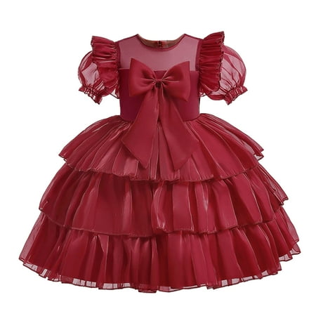 

REORIAFEE Toddler Kids Girls Formal Dress Lace Tulle Dress Puffy Sundress Front Bow Knot Layered Dress Ruffle Trim Mesh Dress Solid Color Dress Crewneck Lantern Sleeve Dress Size 9Y Red