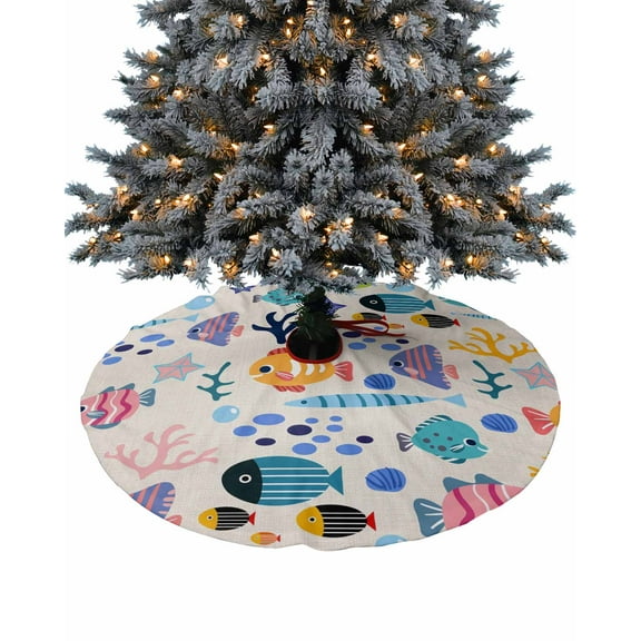 Coastal Christmas Tree Skirt 48 Inches Large Christmas Skirt Tree, Colorful Cartoon Fish Coral Rustic Tree Skirt Christmas Decorations for Fireplace Party Holidays Indoor Outdoor