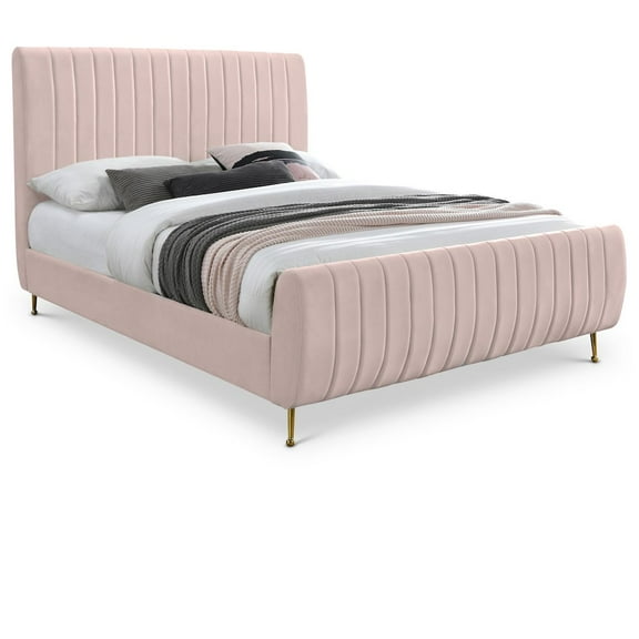 Meridian Furniture Zara Contemporary Queen Bed with Gold Legs and Slats, Pink Velvet