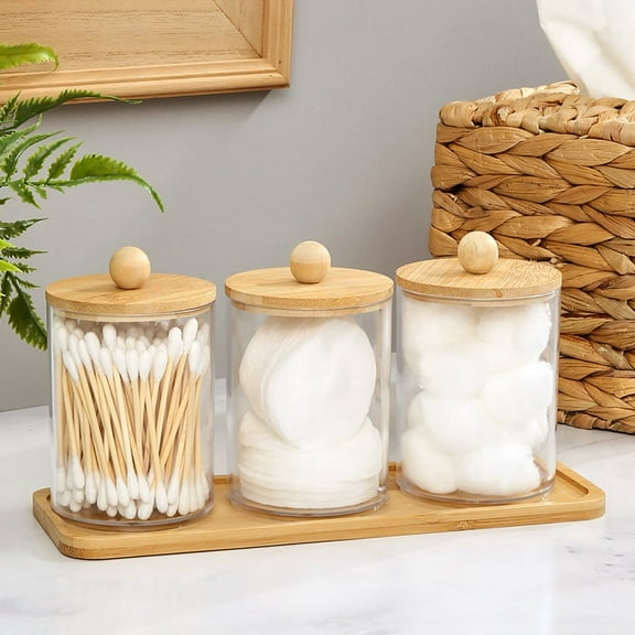 Bathroom Coutertop Clear Canisters with Bamboo Tray