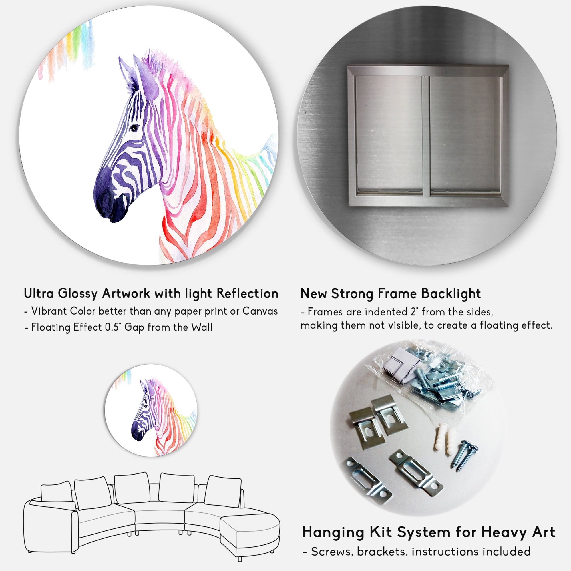 Designart 'Portrait of Rainbow Zebra On White' Farmhouse Circle Metal Wall Art 29x29 - Disc of 29