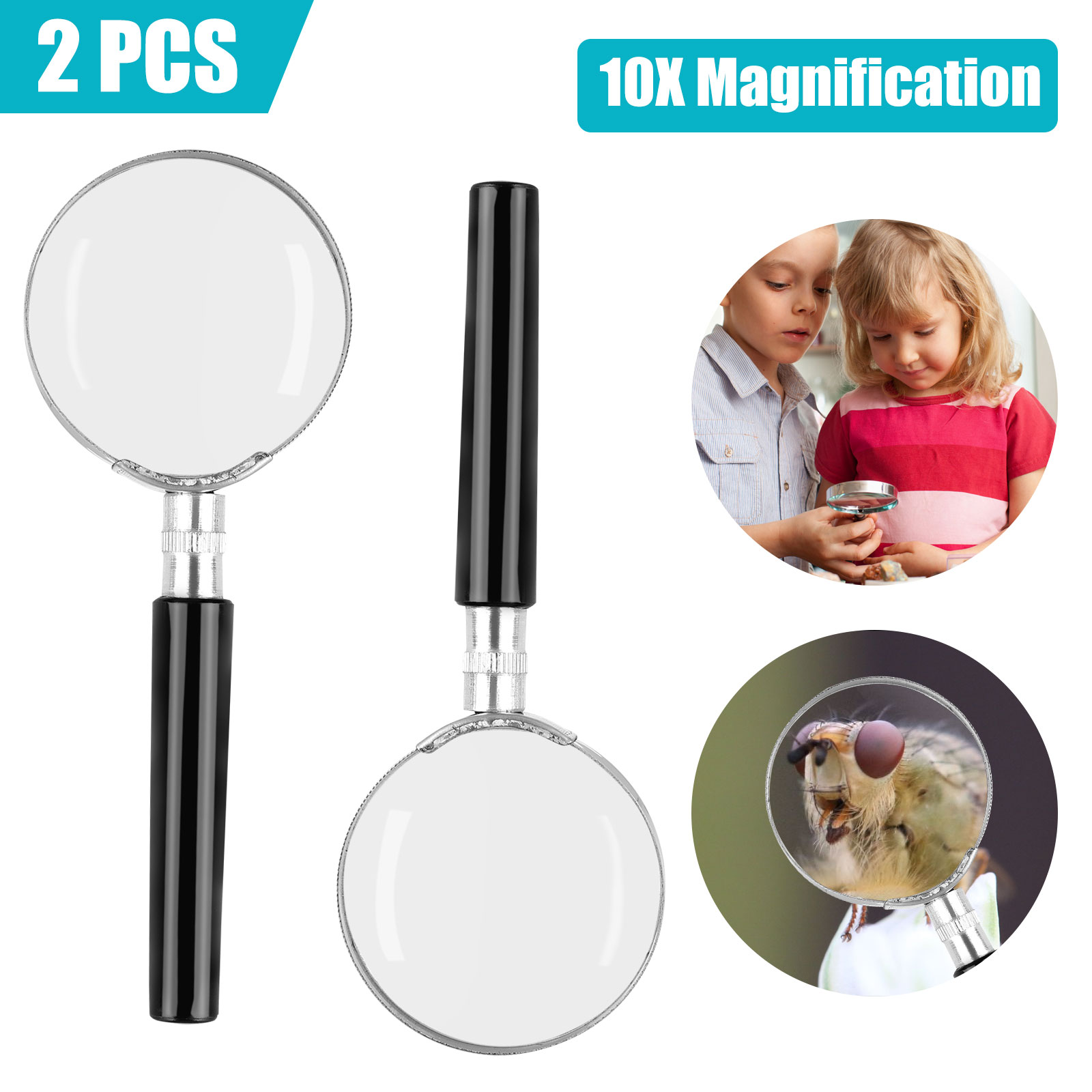 2Pack 10X Handheld Magnifier Glass Handle 50mm Lens for Seniors & Kids,Reading Magnifier Lens