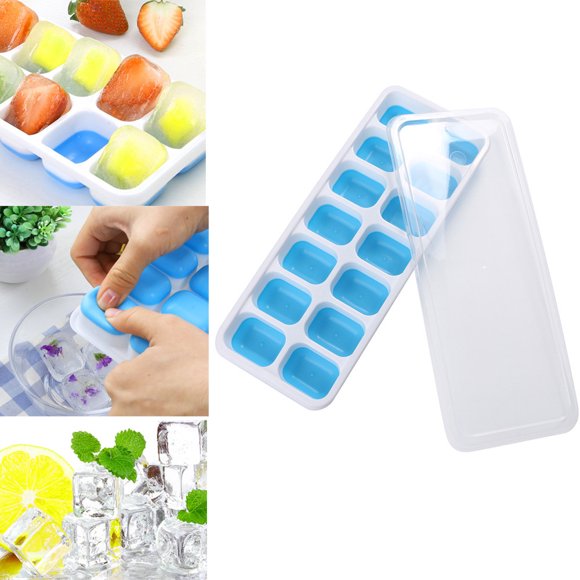 RYRDWP 1 Pc Covered Ice Tray Set With 14 Ice Cubes Molds Flexible Rubber Plastic