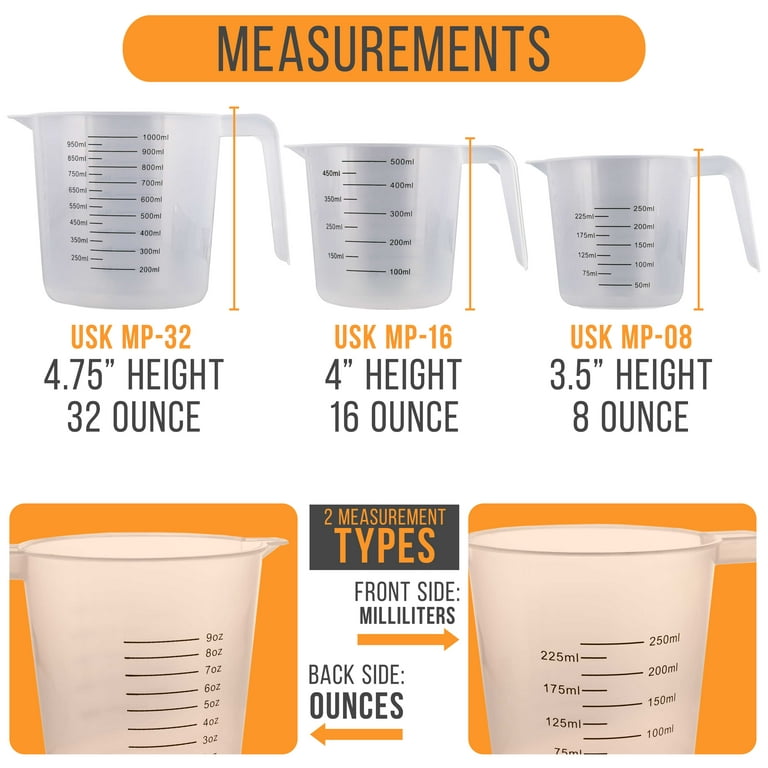 US Kitchen Supply - Set of 3 Plastic Graduated Measuring Cups with Pitcher  Handles - 1, 2 and 4 Cup Capacity, Ounce and ML Cup Markings - Measure 