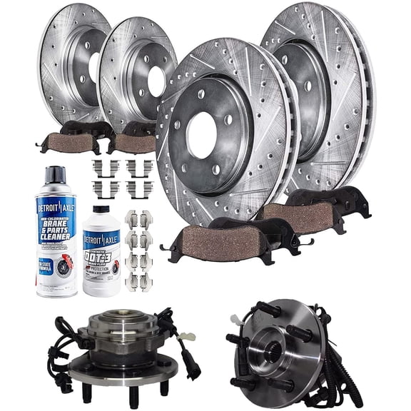 Detroit Axle - Front Rear Drilled & Slotted Rotors Ceramic Brake Pads w/Hardware   Wheel Hub & Bearing Replacement for 2003-2007 Jeep Liberty - 12pc Set