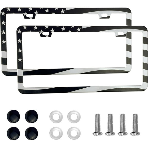 2PCS Premium American Flag License Plate Frame, Black License Plate Frames, 2 Holes Solid Stainless Steel License Plate Holder, Universal Car License Plate Frame for USA Flag.