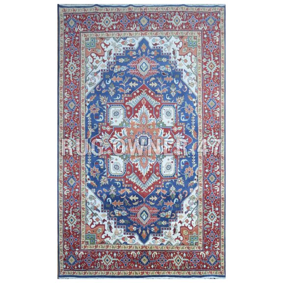 Traditional hand-Knotted Serapi Area Rug 9X12 Blue & Rust Hues Handmade Home Decor Serapi Wool Area Rug