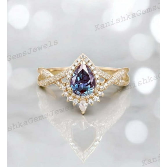 KANISHKAGEMS&JEWELS 2 Ct 7x5mm / Pear Cut Alexandrite Ring CZ Diamond Cross Over Promise Ring June Birthstone Women Jewelry Valentine's Day Gift For Lover