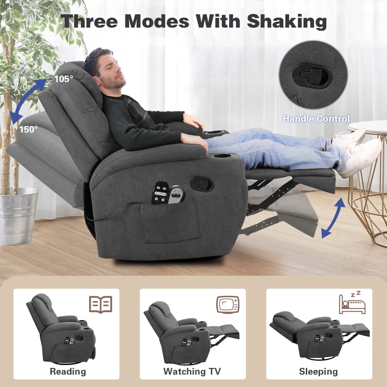Homall Swivel Rocking Recliner Chair Massage Fabric 360 Swivel Rocker Recliner Living Room Chair Home Theater Seating,Fabric Gray Single Sofa Chair