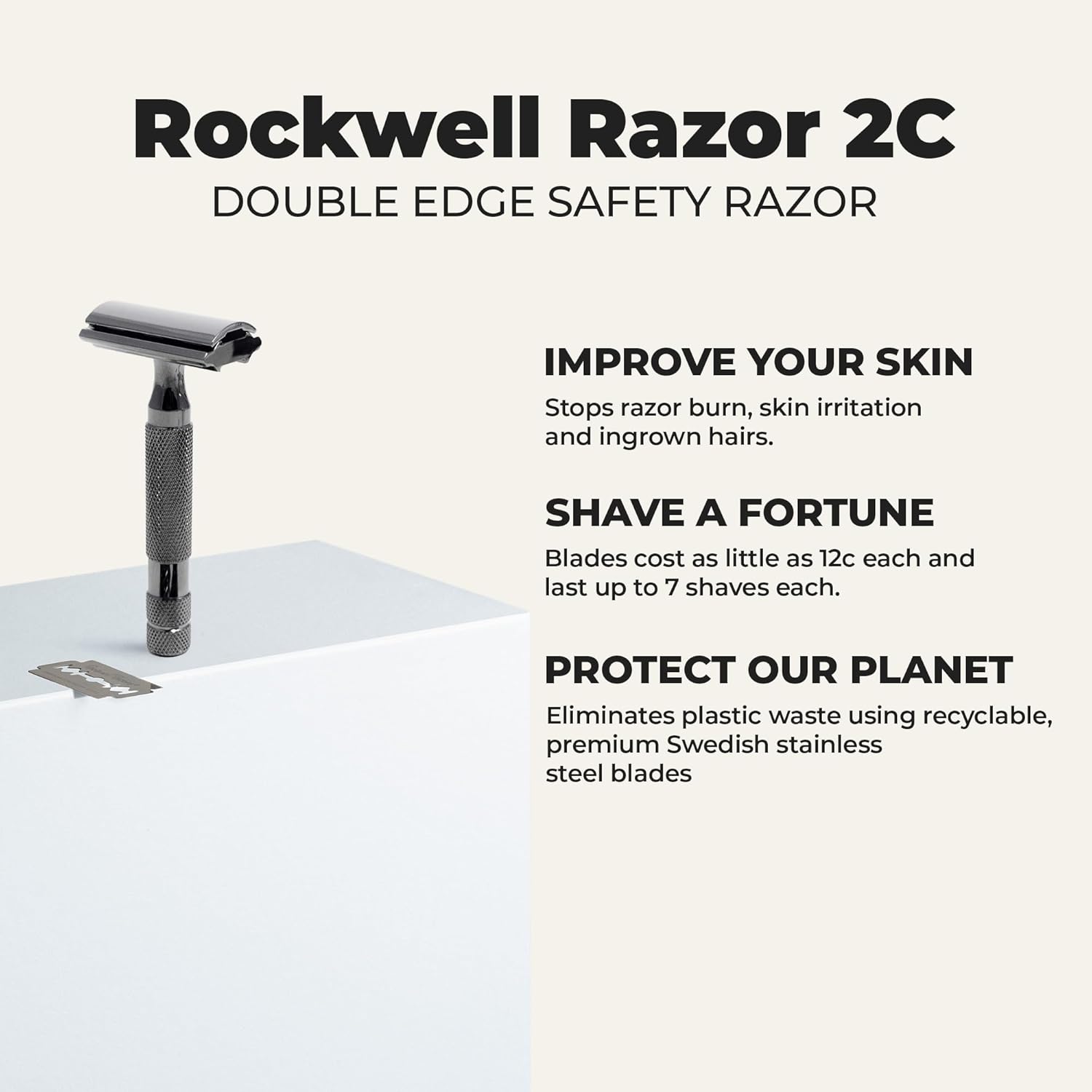 Rockwell Razors 2C Adjustable Double Edge Safety Razor for Men with 5 Razor Blades, Gunmetal Chrome