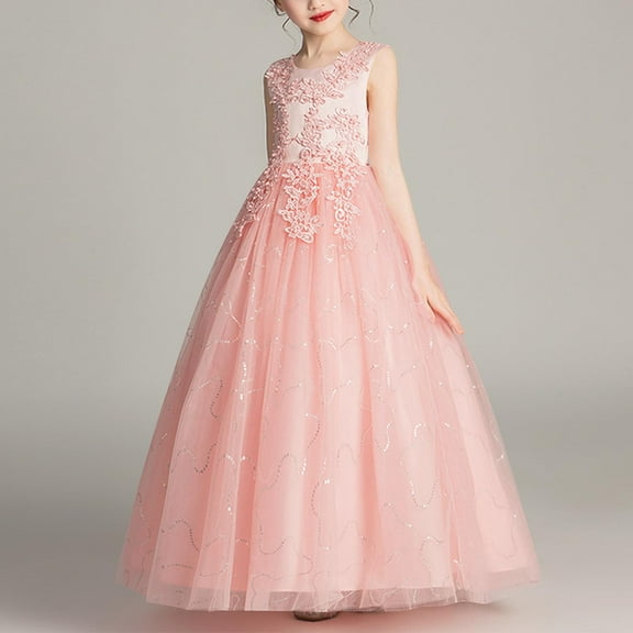 Amzcrzy Girls Dress 4-14 Years Solid Color Crew Neck Sleeveless Tulle Lace Puffy Gown Luxury Pageant Dress for Girls Wedding Guest Dress at Evening Party