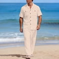 thumbnail image 4 of Men’s 2 Piece 100% Cotton Linen Outfit Summer Beach Short Sleeve Button Down Work Shirt and Pants Set Khaki, 4 of 8