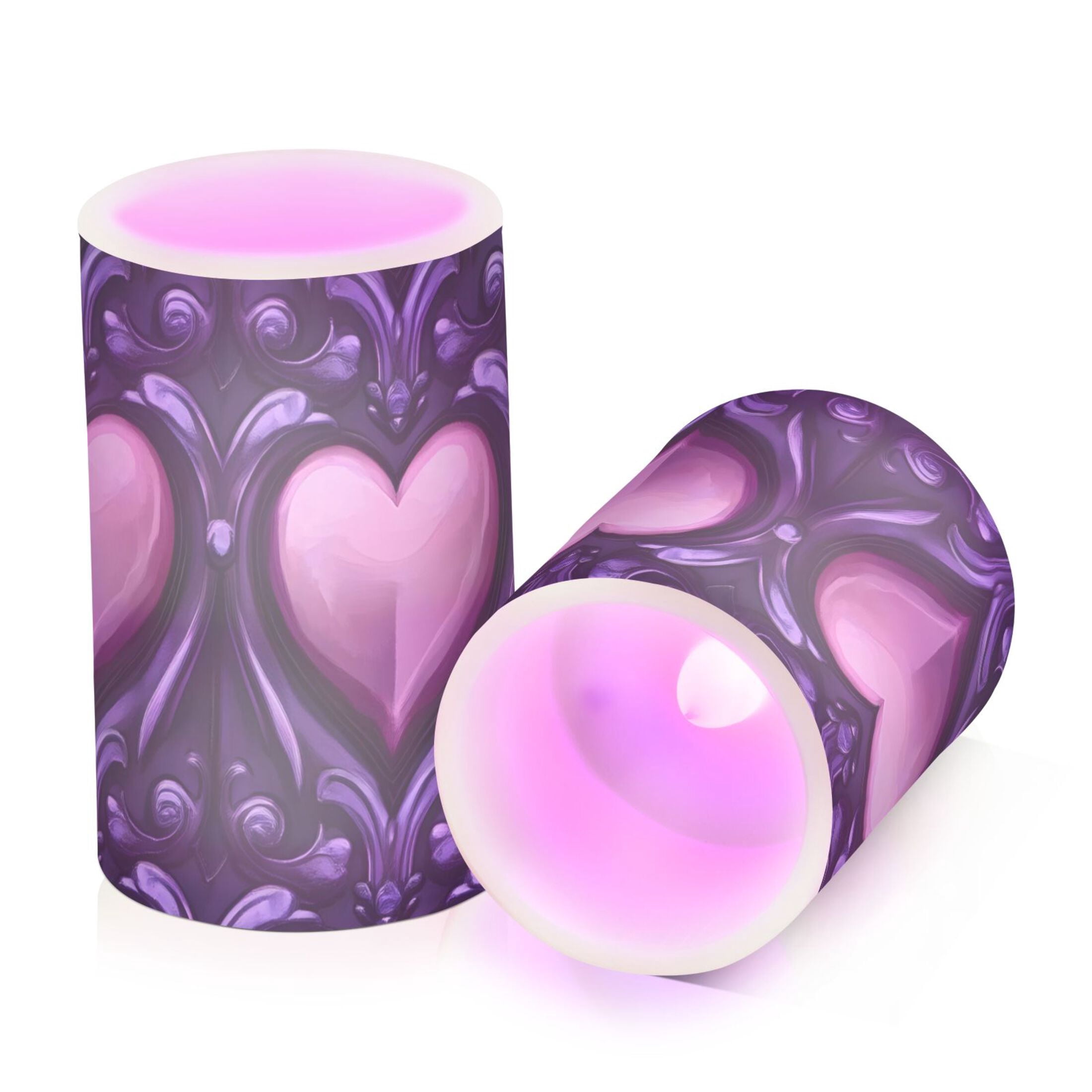 Shining Purple Heart Flickering Flameless Candles Battery Operated with Remote Timer LED Pillar Candles Set of 2