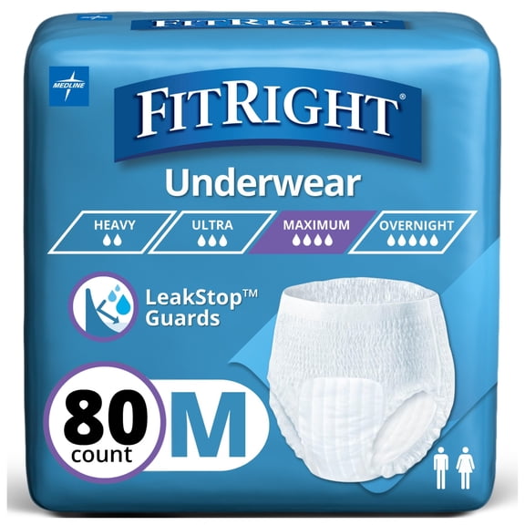 FitRight Incontinence Underwear for Men and Women, Adult Diapers, Super Absorbent, Medium, 28in to 40in, 80 Count