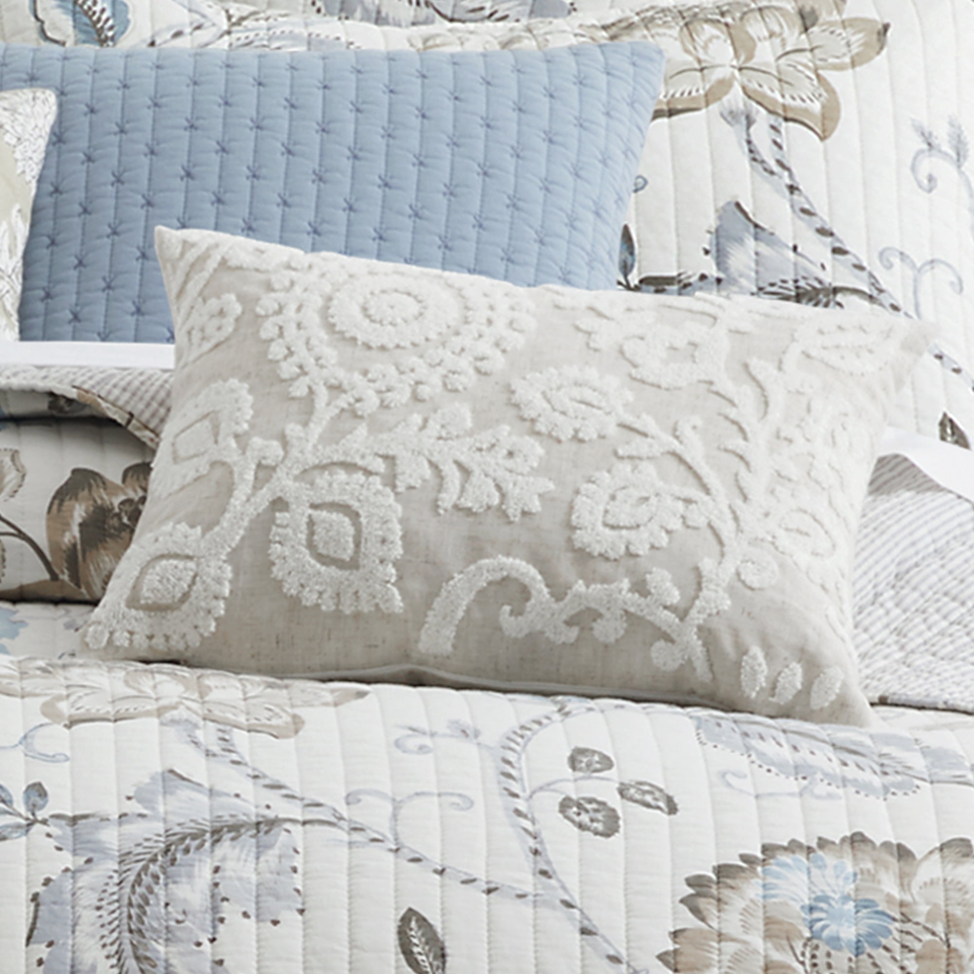 Levtex Home - Maileen Neutral Blue - Decorative Pillow (14x18in.) - Suzani - Taupe and Cream