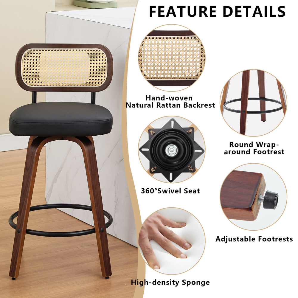 thumbnail image 2 of Bocarali 26 in. Swivel Counter Height Bar Stools Set of 3, Faux Leather Upholstered Bar Chairs with Rattan Back, Mid-Century Modern Counter Stools with Walnut Bentwood Leg for Kitchen Island, Black, 2 of 4