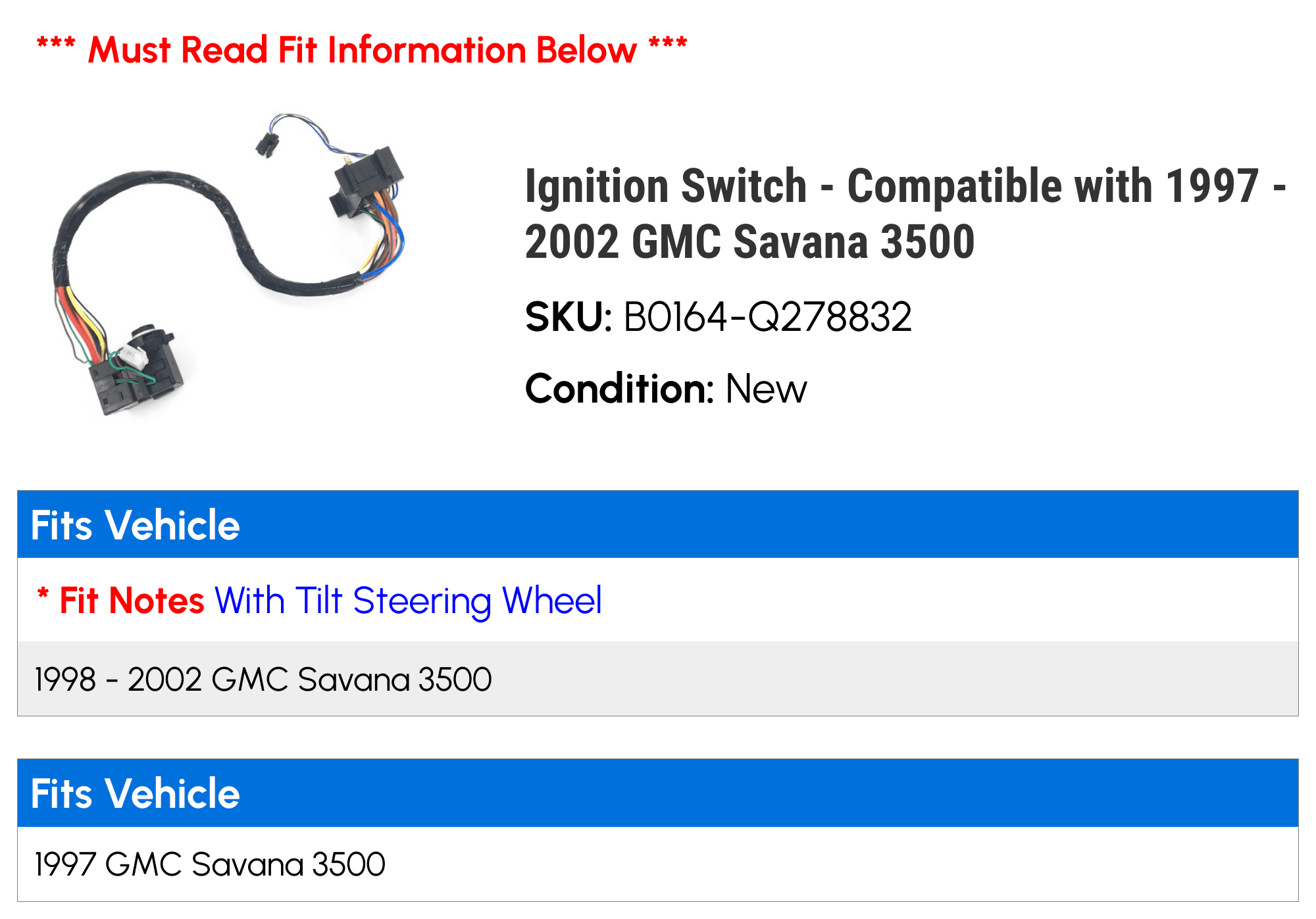 Ignition Switch - Compatible with 1997 - 2002 GMC Savana 3500 1998 1999 2000 2001