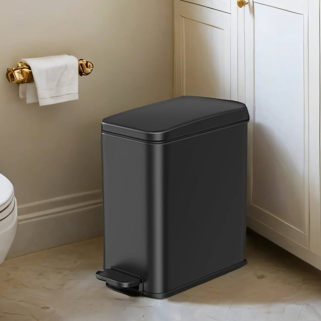 Cubo de Baño, Cubo Basura Pequeño de 5 L con Tapa, Cubo de Inodoro con Pedal, Acero, Cierre Suave, Delgada para Espacios Pequeños, Negro