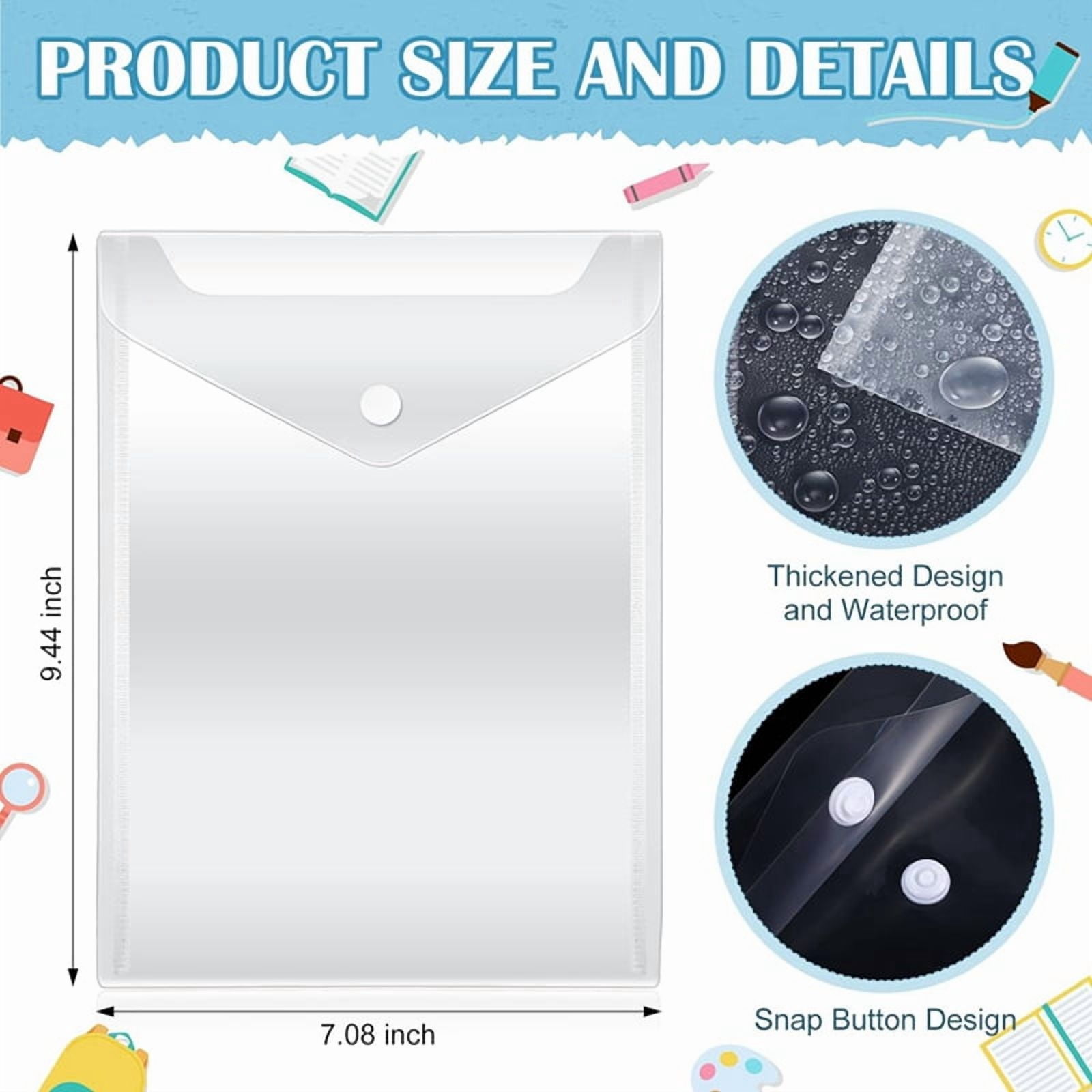50Pcs Clear Plastic Envelopes with Snap Button Stamp and Die Storage Pockets for School Home Office 7.08 X 9.44Inch