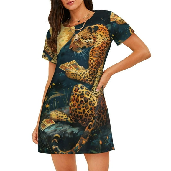 Easygdp Leopard Reading Tarot Cards for Women's Nightgown Sleepwear Short Sleeves Shirt Casual Print Sleepdress