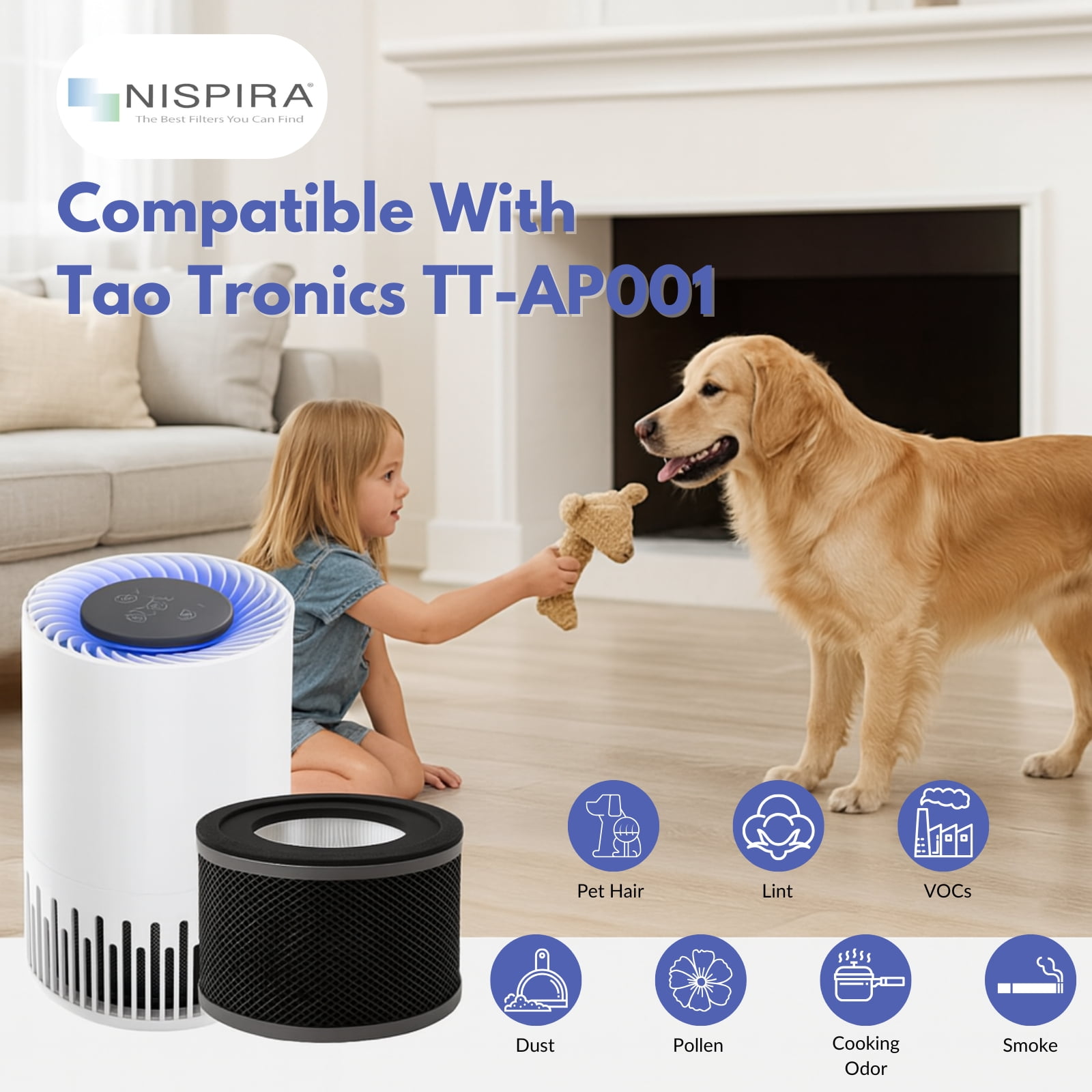 True HEPA Replacement Filter Compatible with TaoTronics TT-AP001 Air Purifier, 4 Filters
