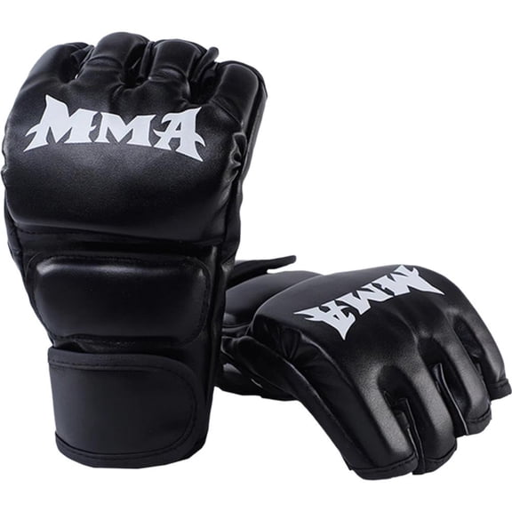 Jiibva Black PU Leather Half Finger MMA Boxing Gloves, EVA Padded Training Fight Gloves for Adults 9.45 Inch