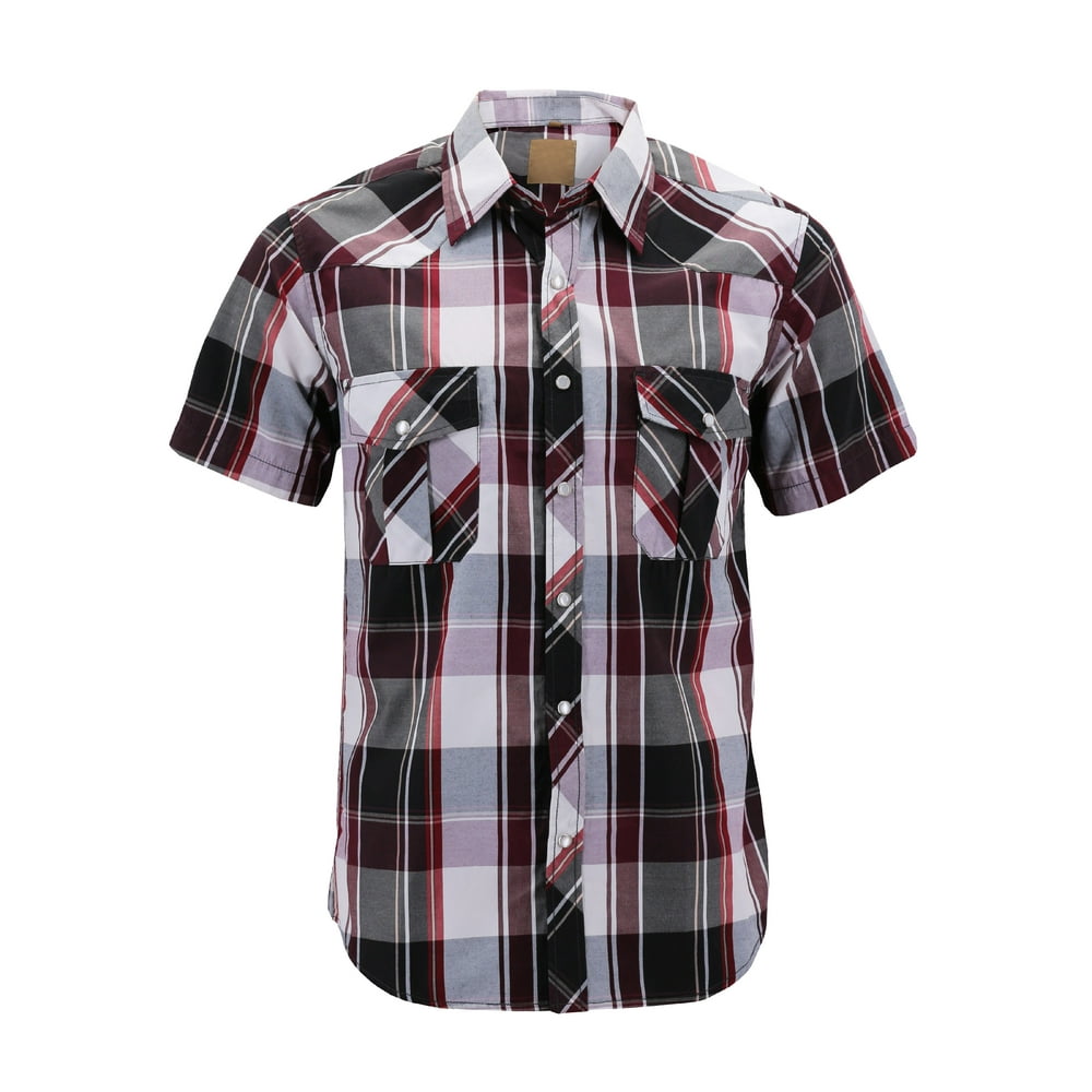 VKWEAR - Men’s Western Short Sleeve Button Down Casual Plaid Pearl Snap ...