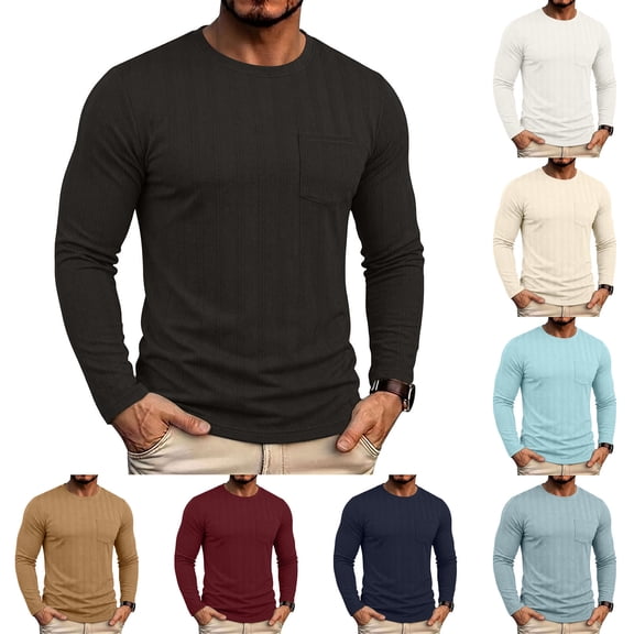 Fengqque Men's Crew Neck Long Sleeve T Shirt Slim Fit Basic Casual Solid Color Pullover Top with Pocket White XL