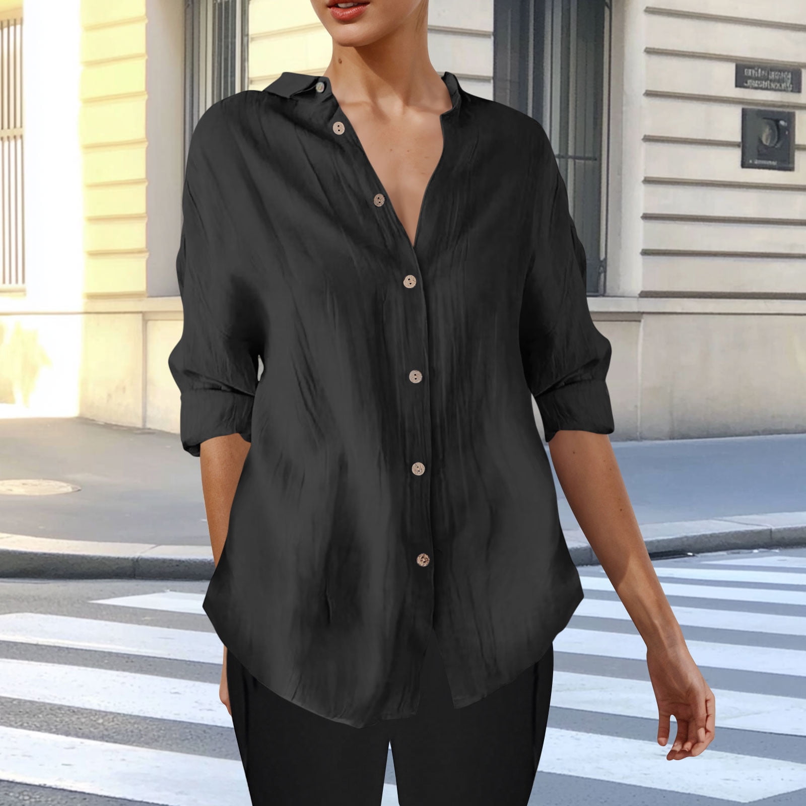 ylioge S-4X Plus Size Shirts for Women 3/4 Sleeve Button-Down Blouses Tops Womens Casual Lightweight Solid Color Collared Work Tshirts Top