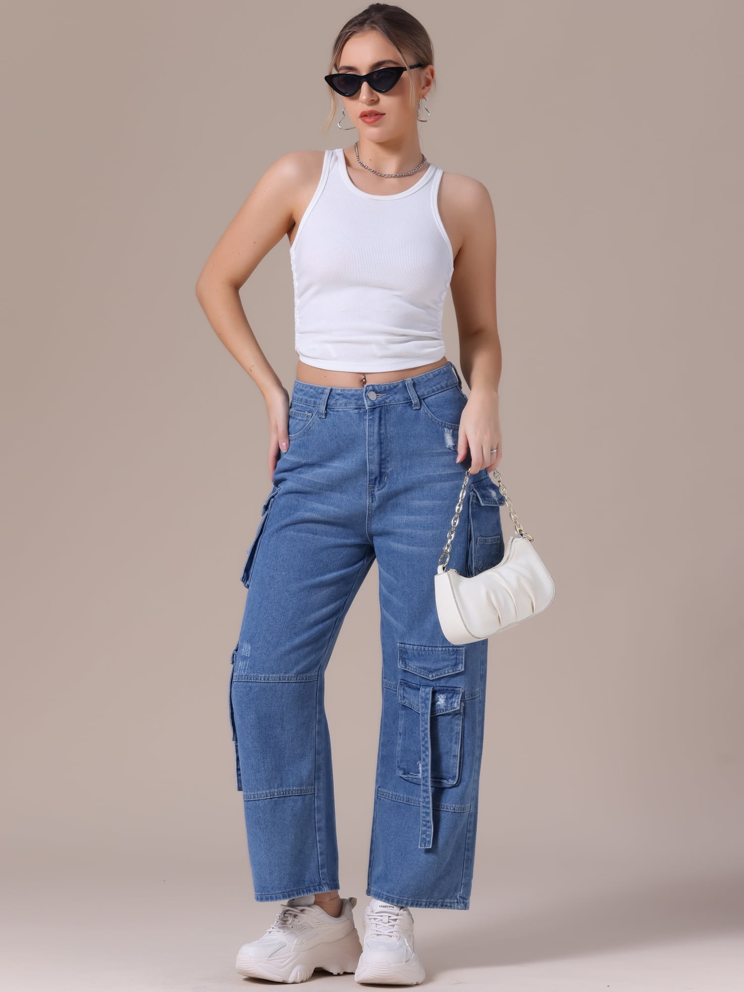 DARING DIVA Women's Cargo Jeans Straight High Waist Baggy Denim Pants L Blue