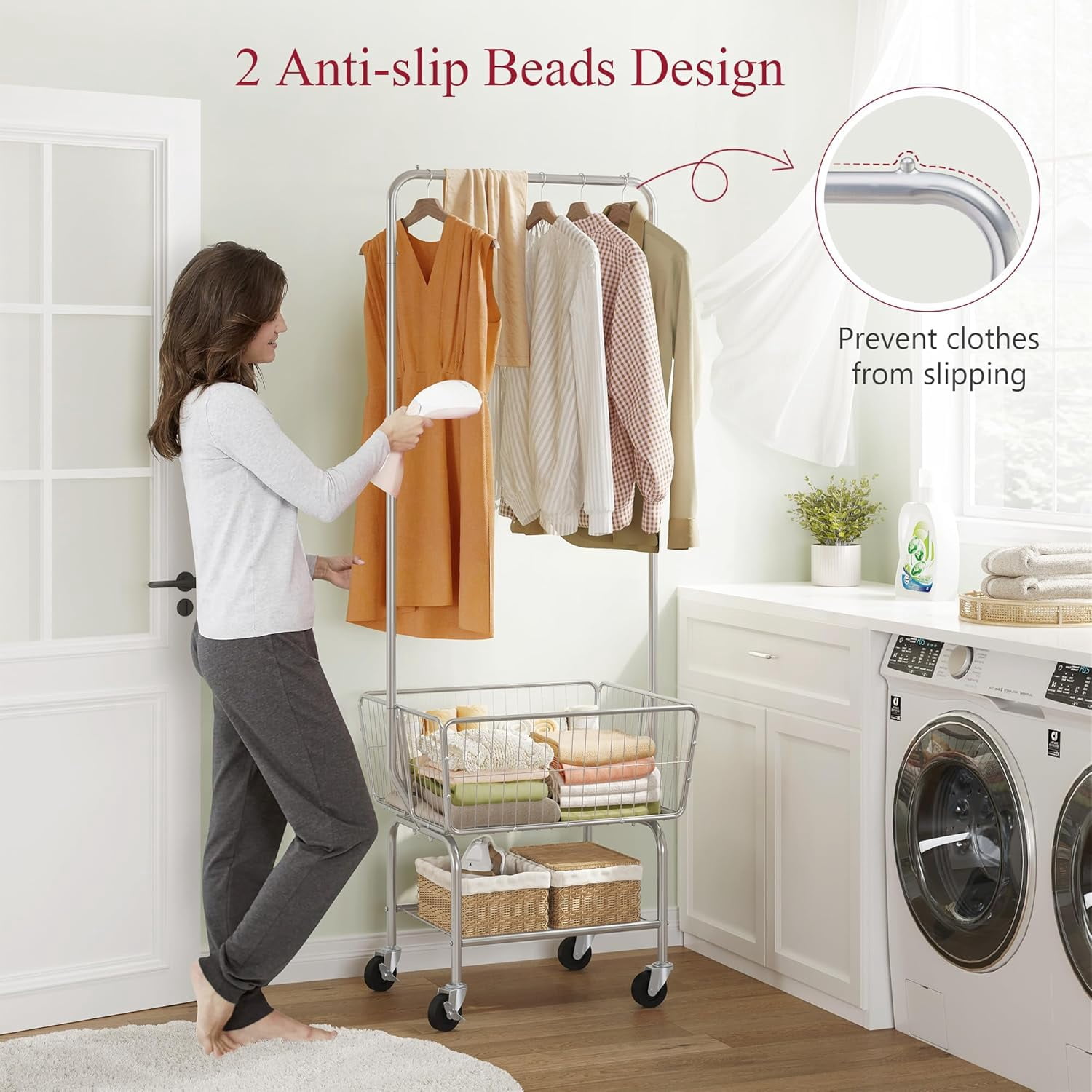 Laundry Cart with Hanging Rack, Metal Rolling Laundry Cart with Wheels and Storage Basket, Silver