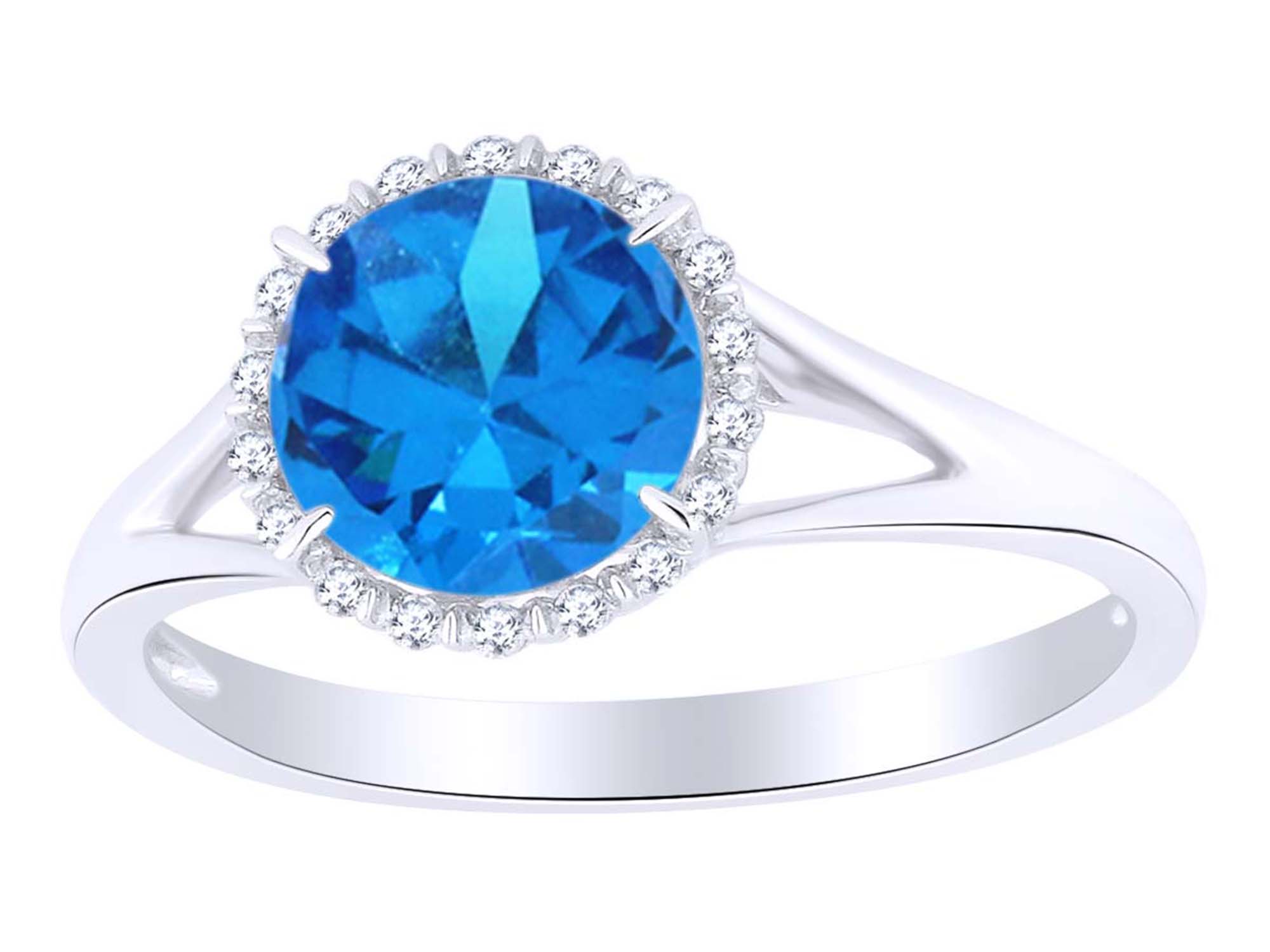 Simulated Blue Topaz & White Natural Diamond Halo Promise Ring In 14k