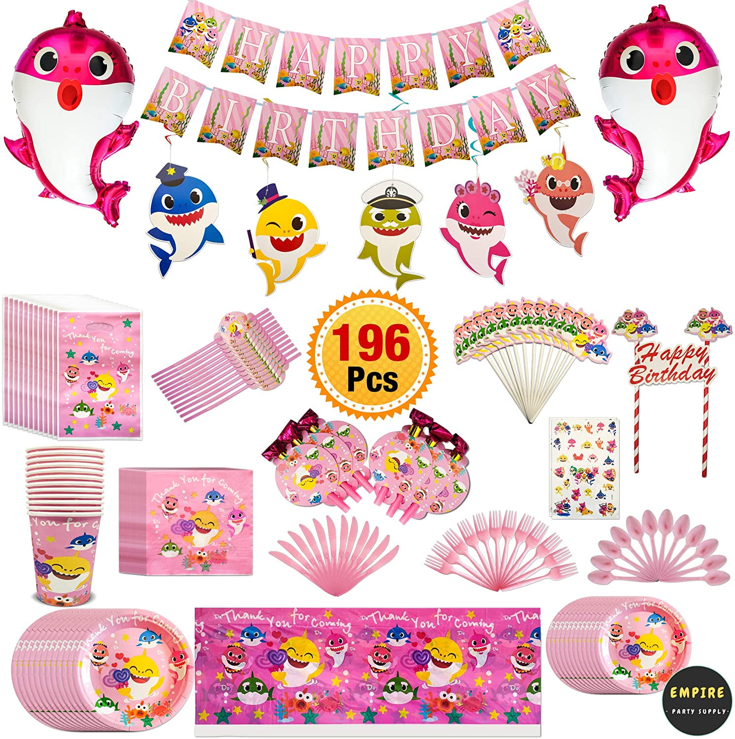 Flatware 142 Pcs Baby Cute Shark Party Favor Party Decorations Pink Theme Birthday Party Supplies Plates Knife Table Covers Straws Cups Tablecloth Birthday Party Favor Pack Set Balloon Pennant Spoons Cake Toppers Fork Banner Napkins Blowouts