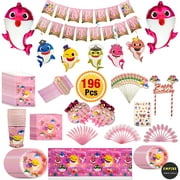 Pink Baby Shark Party Supplies Set & Tableware Kit | Birthday Decorations Bunting, Disposable Paper Plates, Cups, Napkins, Straws, Plastic Table Cloth, Balloons &Tattoo Stickers (196 Pcs)