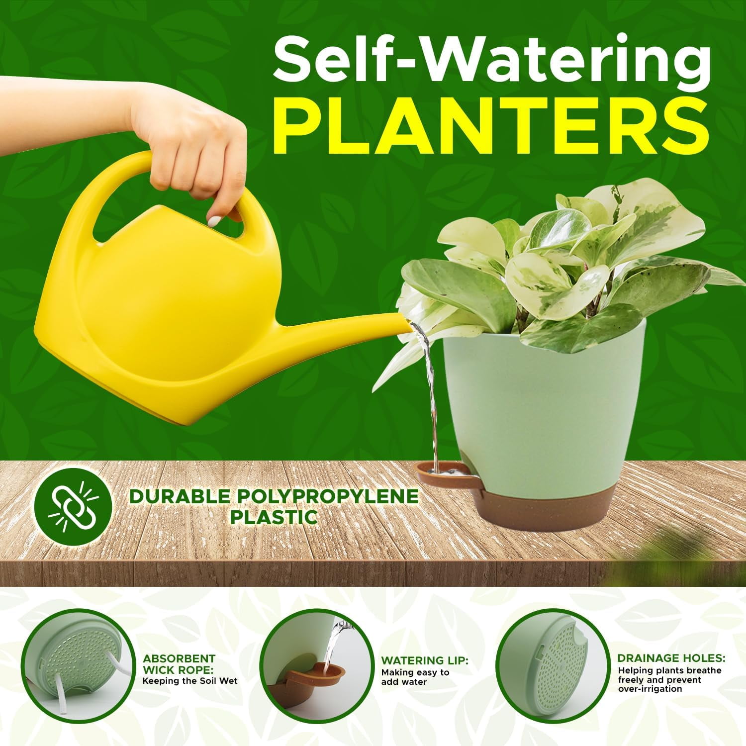 Campior Self-Watering Planters, 5 Sizes with Drainage Holes & Wick Rope, Pack of 20, Green
