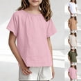 thumbnail image 7 of Girls Linen Tops Short Sleeve T-shirts Solid Color Casual Summer Cozy Tees Loose Fit Crew Neck Tshirts (2-3 Years, Khaki), 7 of 7