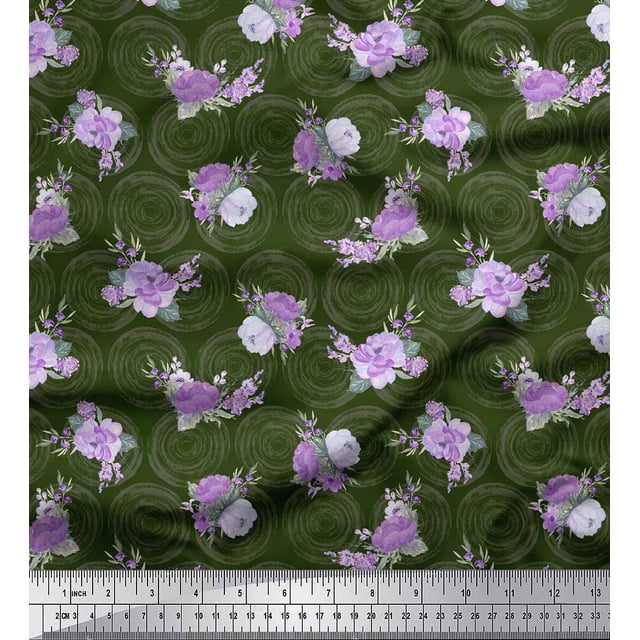Soimoi Green polyester Crepe Fabric Circle & Peony Floral Print Fabric by the Yard 42 Inch Wide