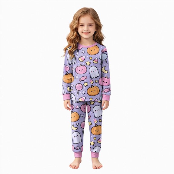 Enyan Toddler Halloween Pajamas Girls Halloween Pumpkin/Ghost PJS Set Kid Spooky Season Sleepwear Nightwear(Light Purple 7-8 Years)