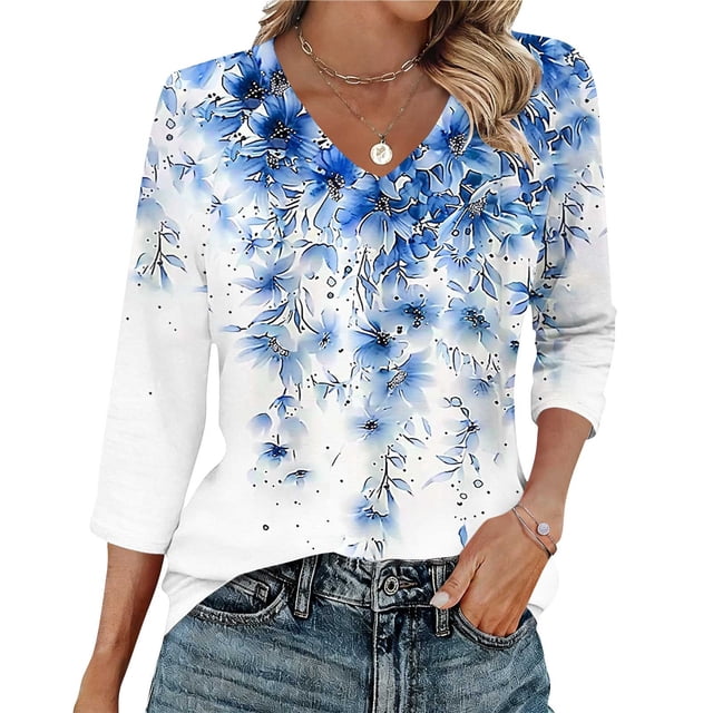 Ounisa T-Shirts à Manches 3/4 pour Femmes Col en V Manches Raglan Chandail Imprimé Décontracté Tendance Printemps Été Mode Hauts P-2TG