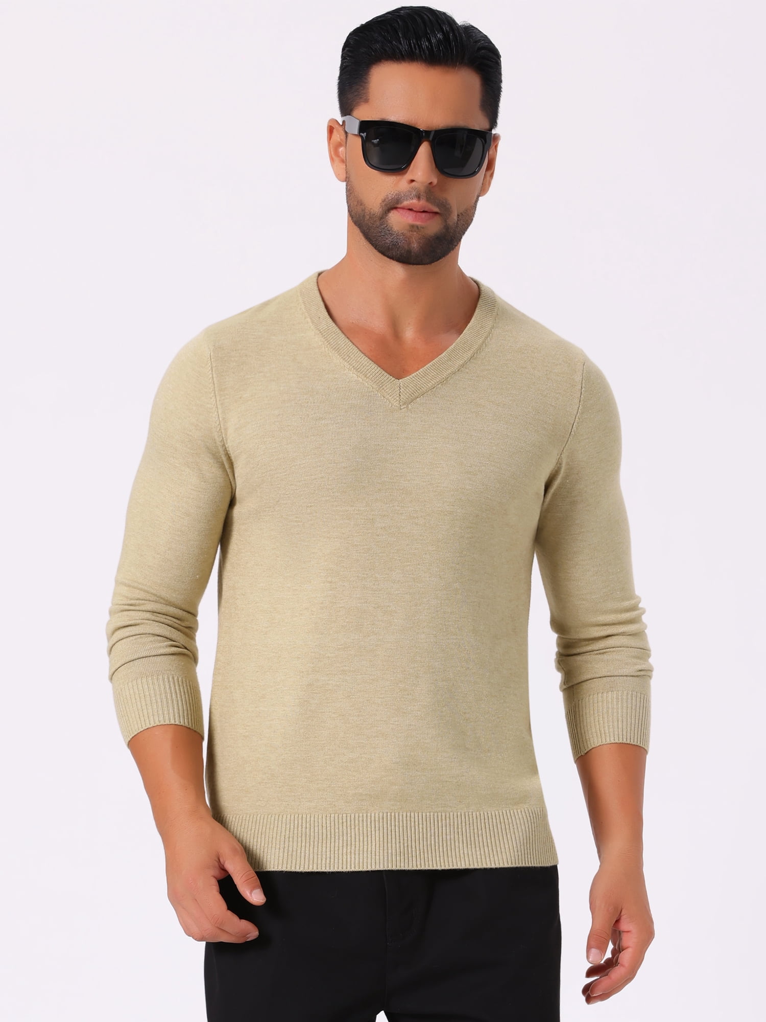 DARING DIVA Men's Long Sleeve V-Neck Solid Knitted Pullover Sweater L Beige