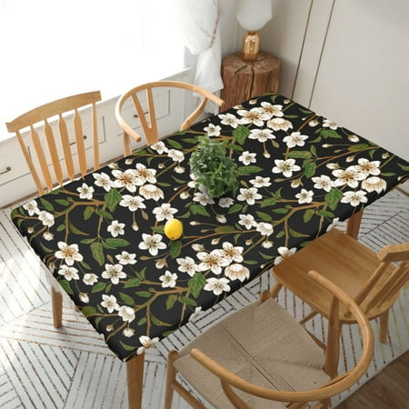 

Home Deluxe Tablecloth Dark Black Background Magic Flowers Waterproof Elastic Rim Edged Table Cover- For Christmas Parties And Picnics 5ft