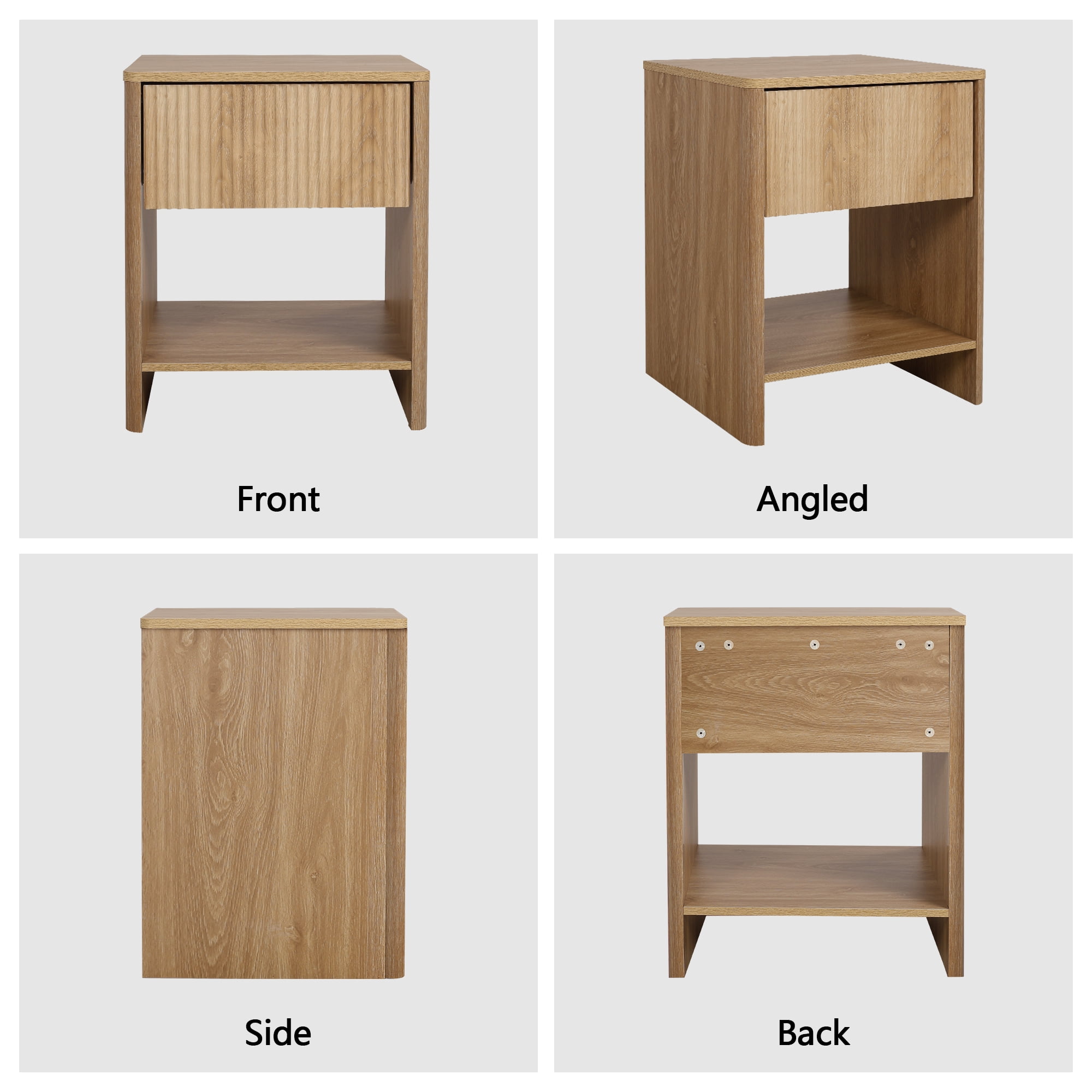 Weselon Modern Fluted Nightstand Set of 2, Curved Side Bedside Table with Drawer and Open Shelf for Bedroom, Natural Oak