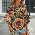 thumbnail image 3 of Roses Leopard Print Floral Women's V-Neck Blouse With 3/4 Ruffled Bell Sleeves Casual Top Ladies Blouses, 3 of 7