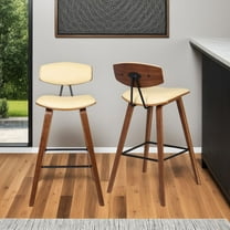 Fox 25.5" Counter Height Cream Faux Leather and Walnut Wood Mid-Century Modern Bar Stool - Set of 2