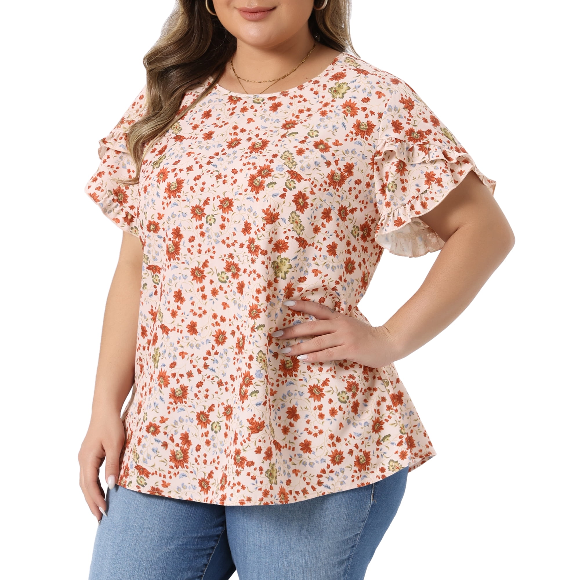 DARING DIVA Women's Plus Tulip Sleeves Crew Neck Floral Print Tops 3X Pink