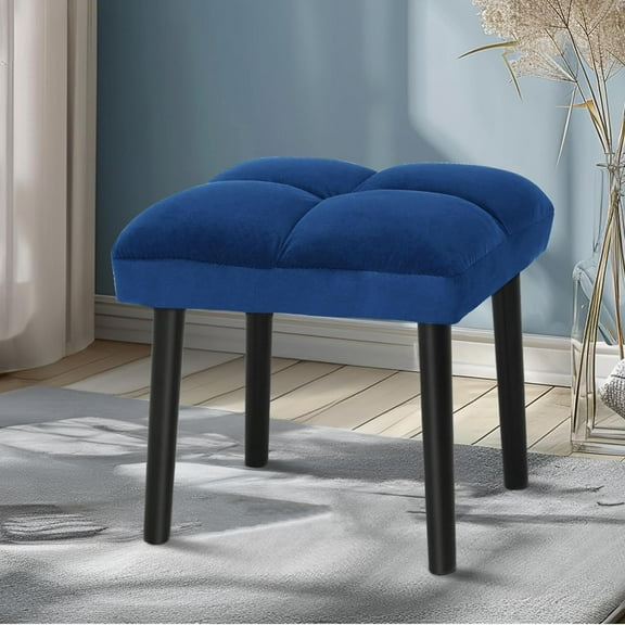 Soft Vanity Stool Blue Ottoman Stool, Square Makeup Vanity Chair with Wooden Legs, Small Ottoman Chair for Vanity, Modern Padded Sofa Seat Foot Rest Stools(Blue)