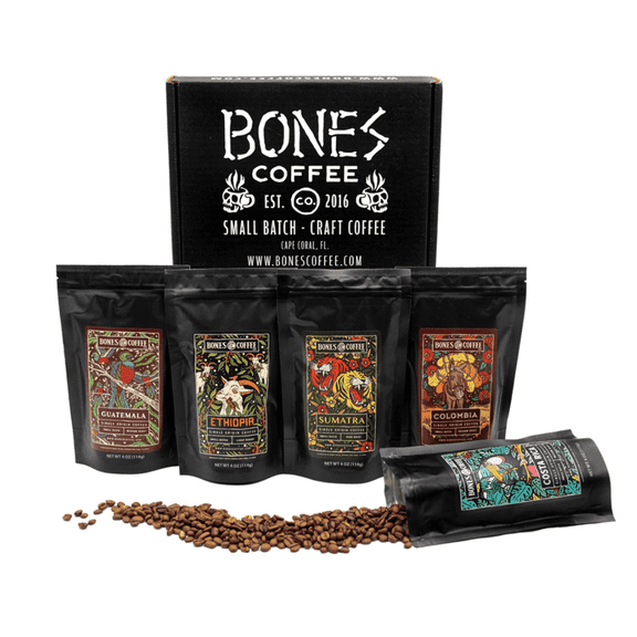 Bones Coffee Medium Roast Whole Bean Coffee | 4 oz World Tour Sample Pack Flavored Coffee