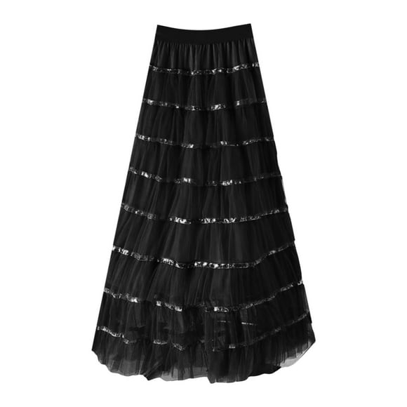Jupe de Table Plissée en Denim pour Femmes Maillot de Bain Isolé Taille Haute Coupe Ajustée et Paillettes Patchwork en Maille Ligne A Gâteau Midi Noir Taille Unique