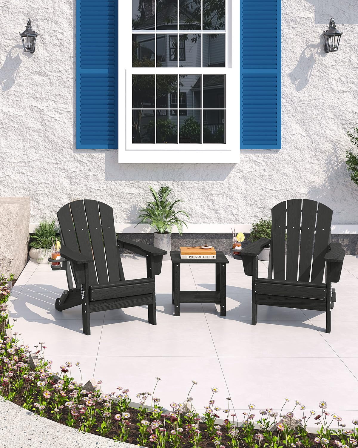 Folding Adirondack Patio Chair, All-Weather HDPE Outdoor Chair with Wooden Texture and Cup Holder, Weather Resistant, Lawn Chair for Garden, Deck, Fire Pit, Navy Blue